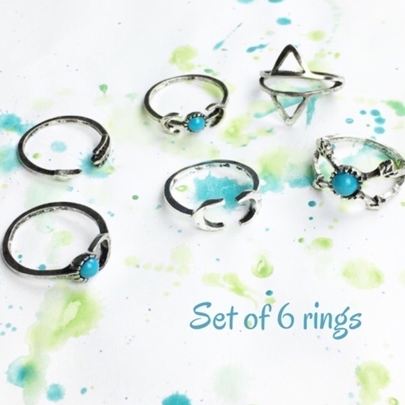 𝅺TURQUOISE and metal rings. Set of 6. Price firm. - Picture 1 of 4